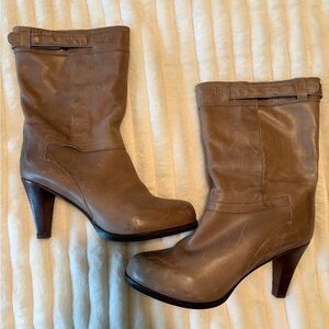 Chloé Taupe Leather Mid-Calf Heeled Boots